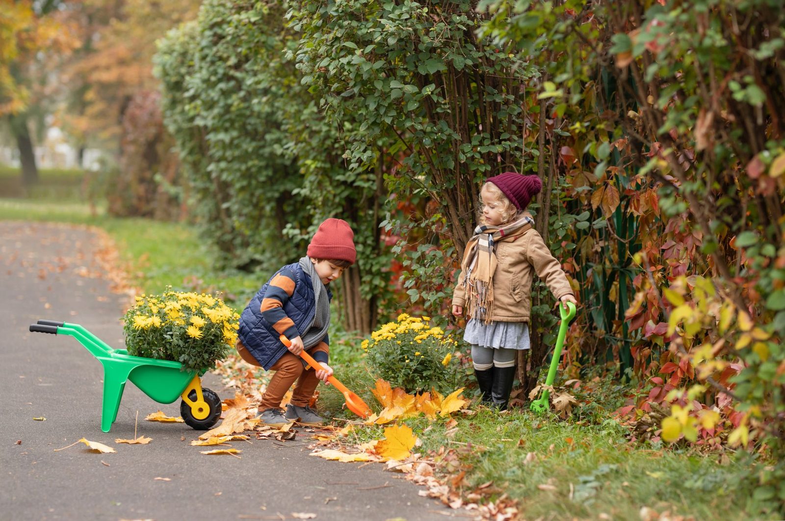 Niños jugando al aire libre entre hojas de otoño